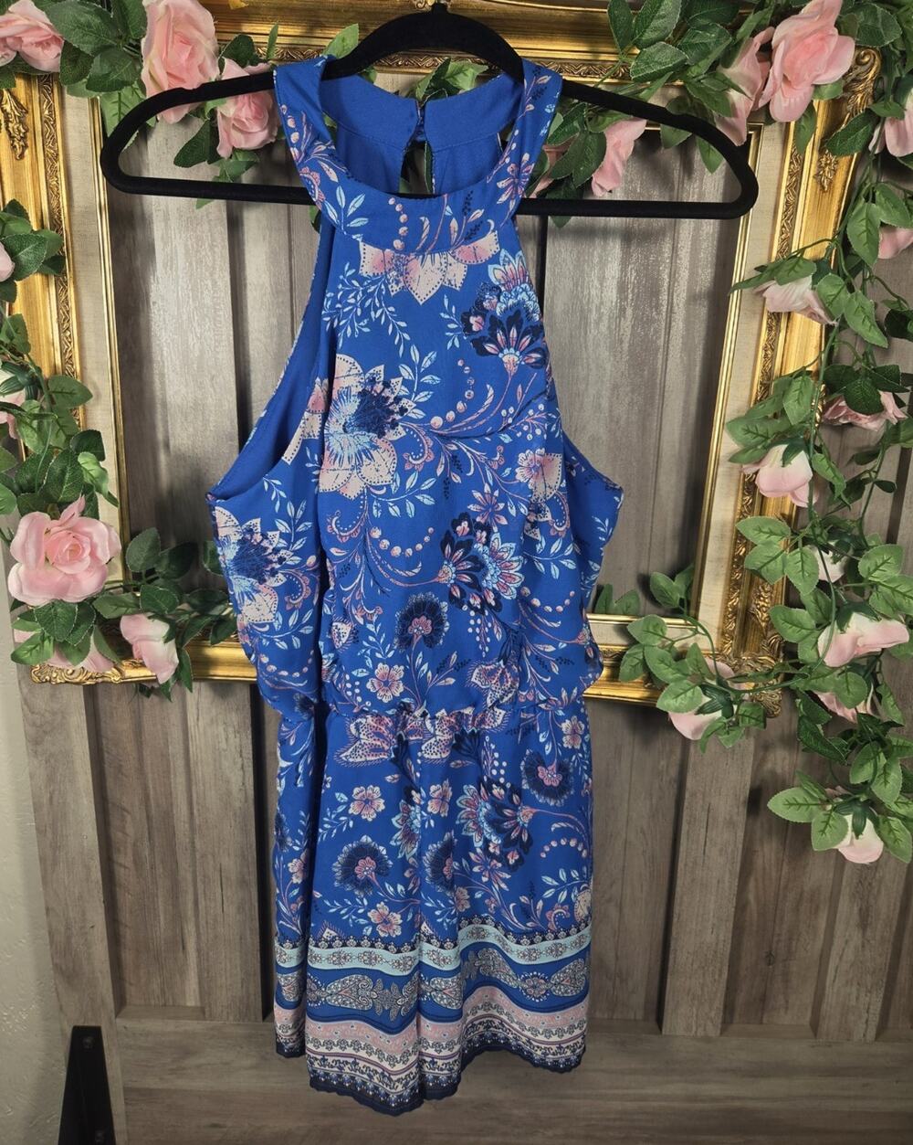 Crystal Sky Blue Floral Halter Romper Womens Medium Boho Sleeveless Border Print